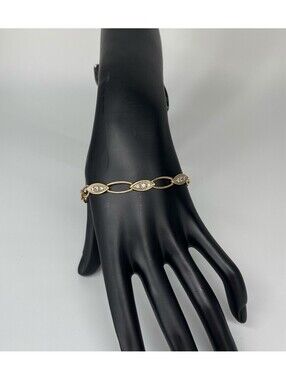 Vintage 14K Gold Marquise Link Bracelet Clear Stone Accents Estate 8.09g